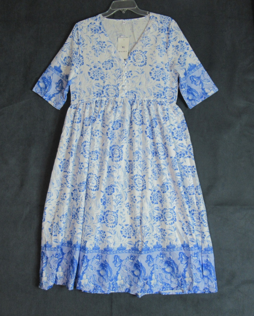 Maldila Dress Womens Size M White Blue Floral Maxi Boho Beach Resort Coastal NWT